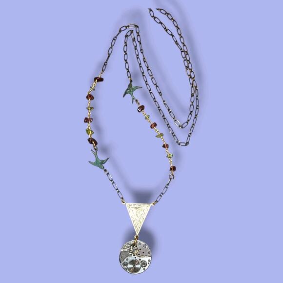 Artisan Steampunk Y-drop Necklace Watch Gears Birds 30" - Picture 5 of 5